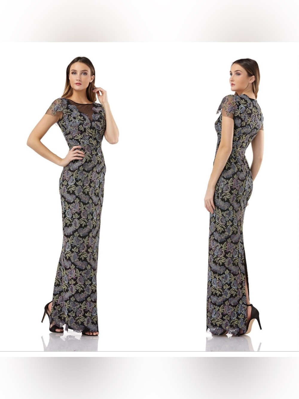 NEW $360 JS Collections Metallic Floral Embroidered Full Length Gown Dress Sz 12